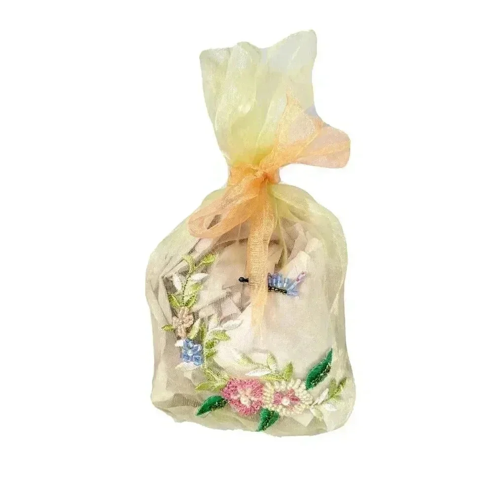 Gift Jewelry Bag Organza Beaded Embroided Pale Yellow Orange Tie 9